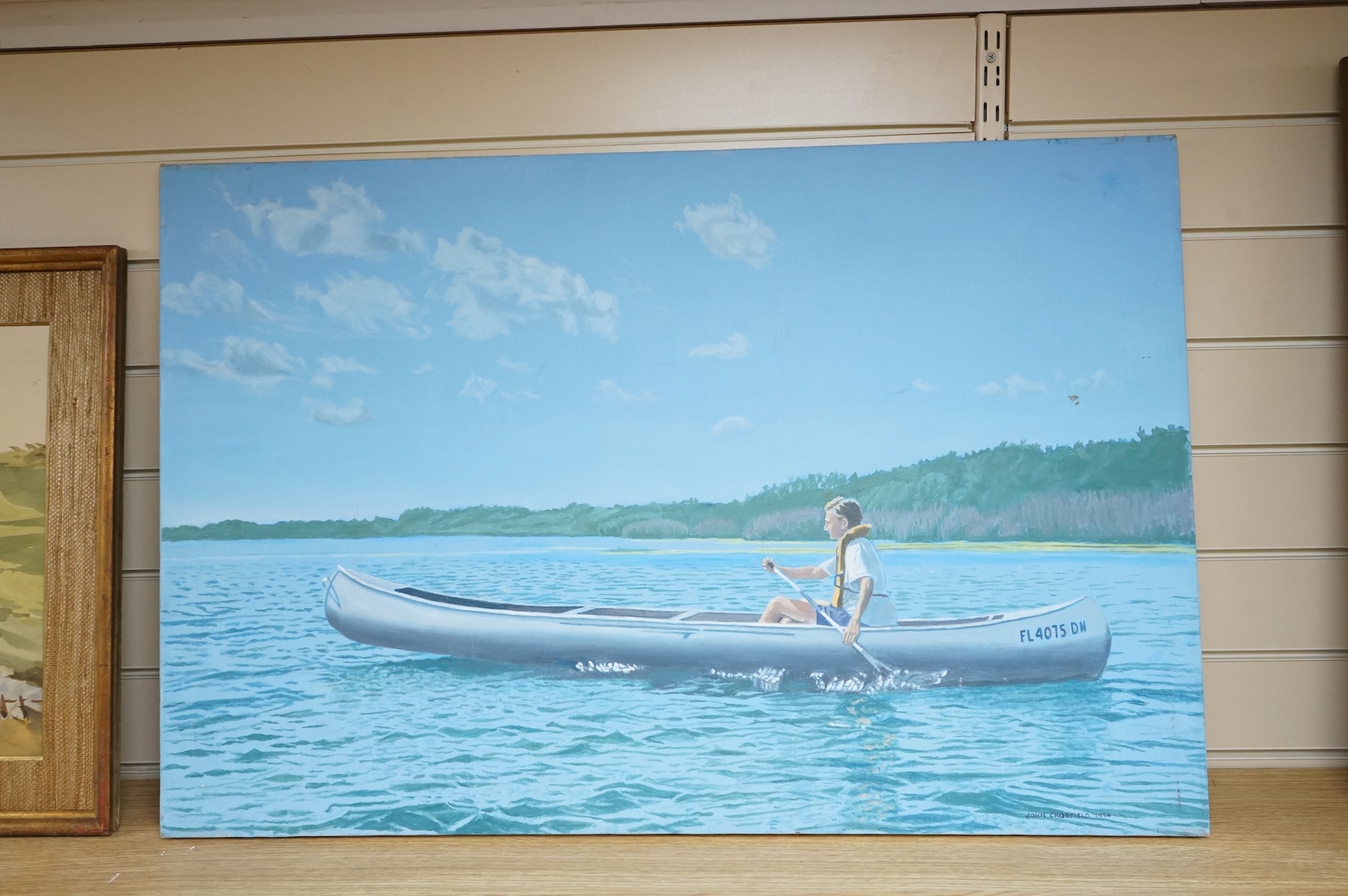 John Crosfield, Figure rowing, signed and dated 1974, oil on canvas, unframed, 60 x 90cm